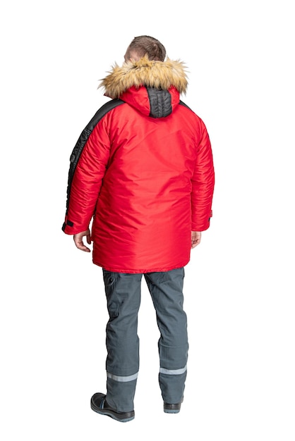 Man in a red warm jacket on a white isolated background