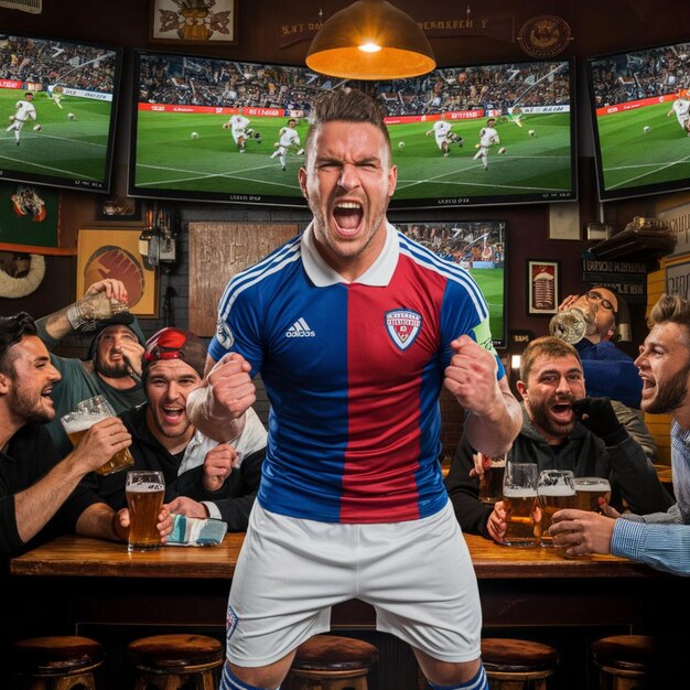 a man in a red white and blue shirt is cheering for the team