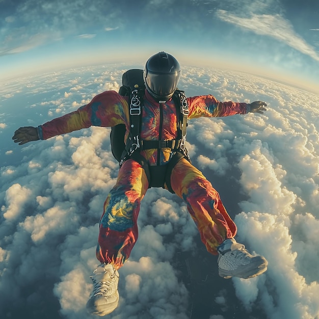 Photo a man in a red and yellow suit is flying above the clouds