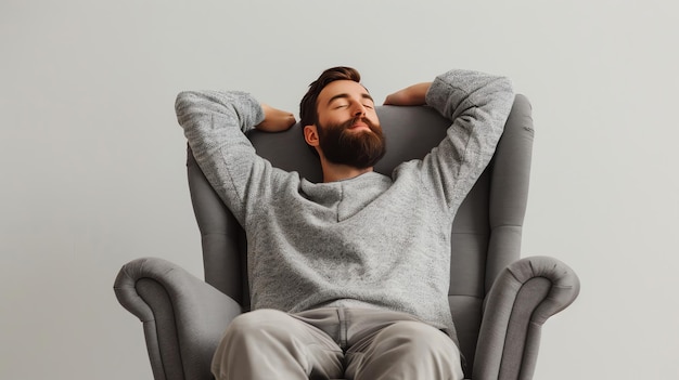 A man relaxes in an armchair leaning back with his arms behind his head