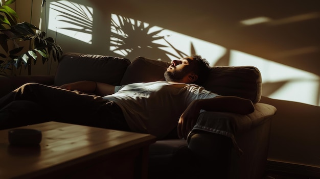 A man relaxes on a couch basking in the soft afternoon light that flows through a nearby window enhancing the serene ambiance of the space