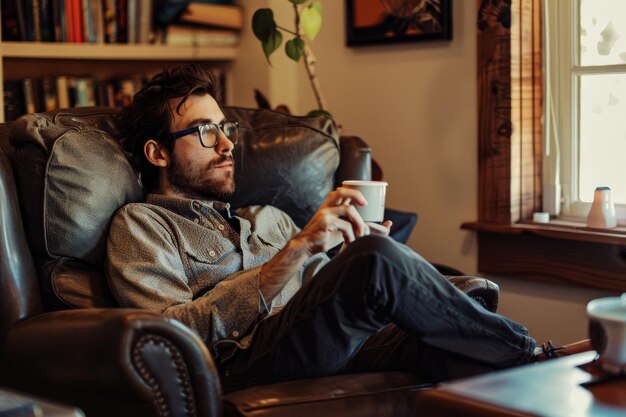 Photo a man relaxes in a leather chair with a cup of coffee taking a break from his work at home a teleworker enjoying a break with a cup of coffee in their home office space