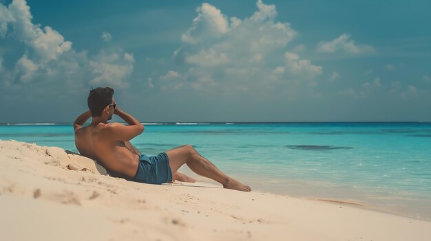 Man relaxing on beach ocean view Maldives island Generative AI