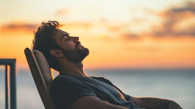 Photo a man relaxing in a chair at sunset