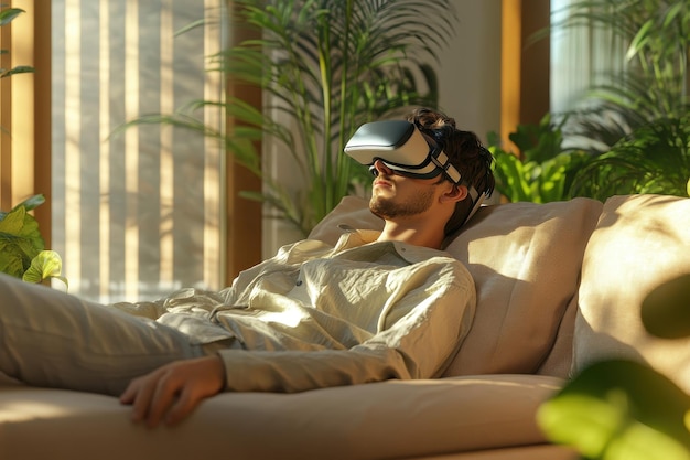 Photo man relaxing on couch wearing vr headset in modern home setting