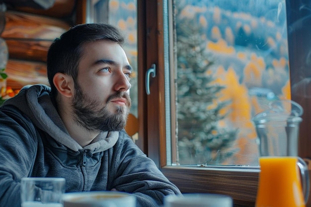 Man relaxing and eating breakfast