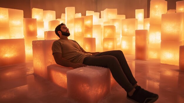 Photo man relaxing among glowing ice sculptures in a warmly lit indoor space during the evening