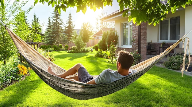 Photo man relaxing in hammock in backyard