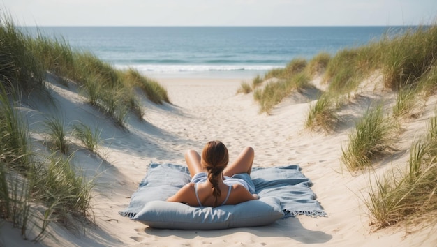 Photo a man relaxing on a sandy beach with dunes and ocean view