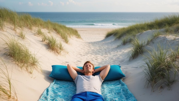 Photo a man relaxing on a sandy beach with dunes and ocean view