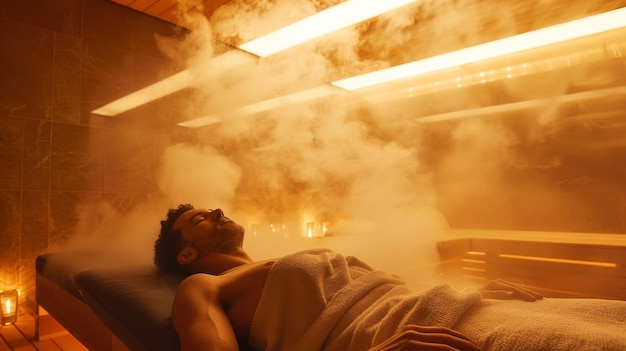 Man Relaxing In Sauna With Steam And Warm Lighting Modern Wellness Spa Relaxation thermal therapy