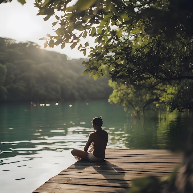 Photo man relaxing on a wooden dock by a tranquil lake