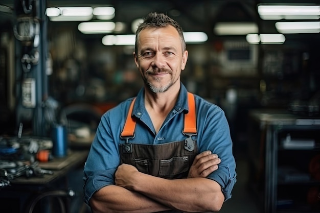 Man repairing a car in auto repair shop Middle aged Caucasian man standing in his workshop and looking at camera