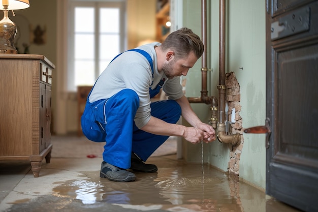 Photo man repairing plumbing during home renovation work