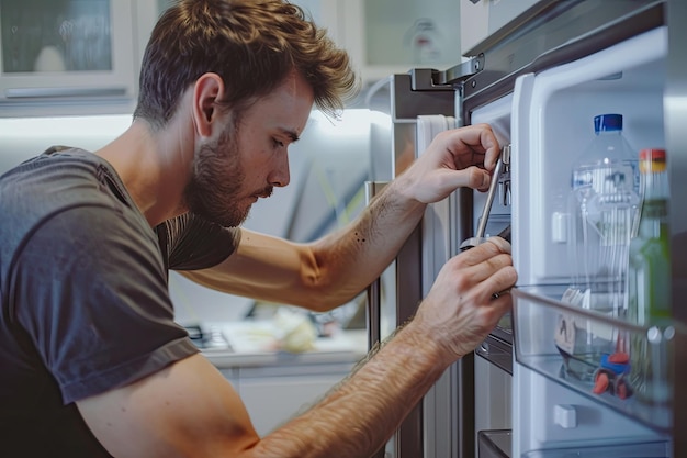 Photo man repairs the refrigerator in home background fixing household appliance