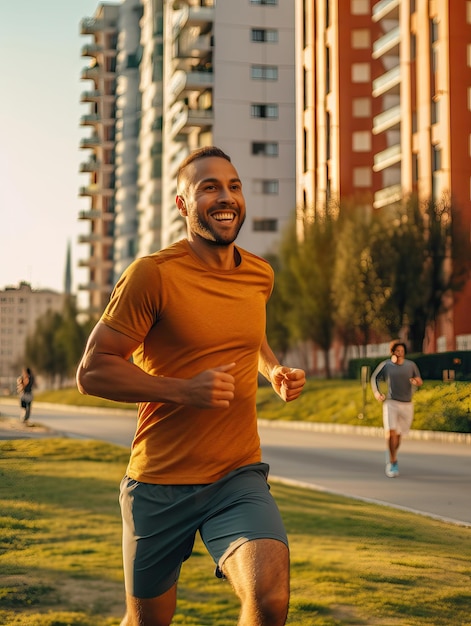 Man in residential area jogging wealthy life concept training in the mornings