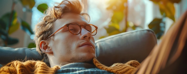 Photo man resting quietly on a couch feeling isolated and depressed loneliness sadness and mental