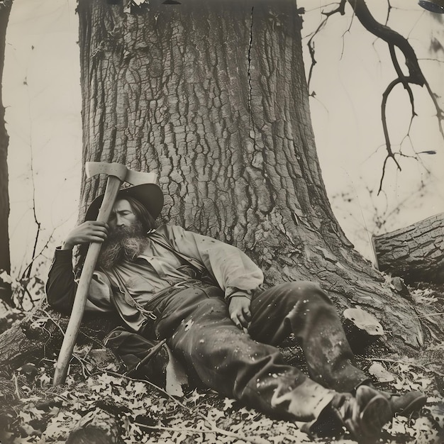 a man resting under the tree with a axe in his hand