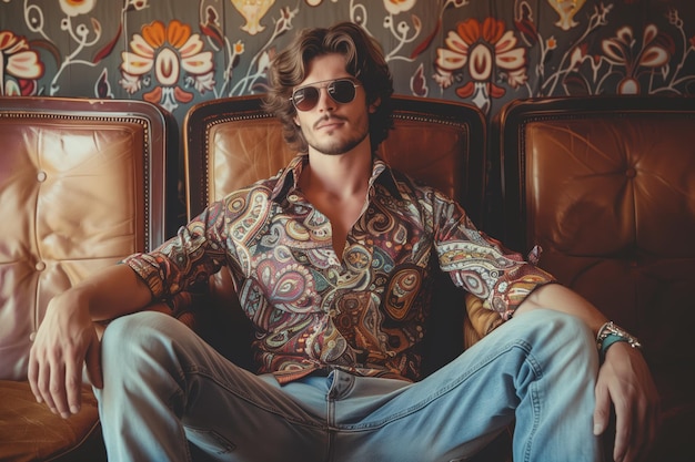 Photo man in retro attire sitting on a leather couch 70s