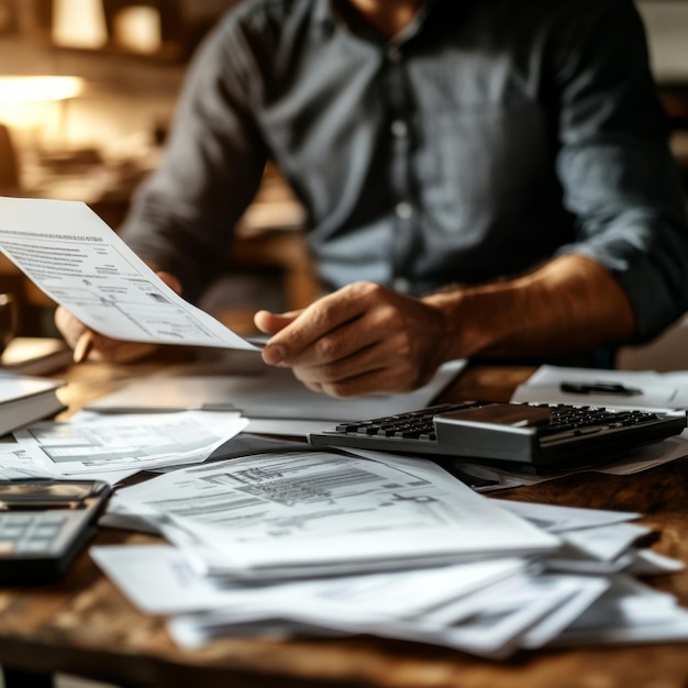 Photo man reviewing paperwork with a calculator