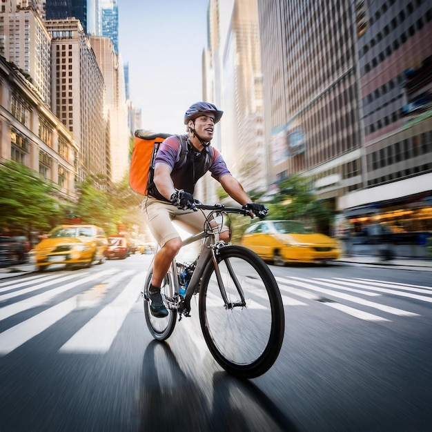 a man rides a bike in the city with a bag on his shoulder