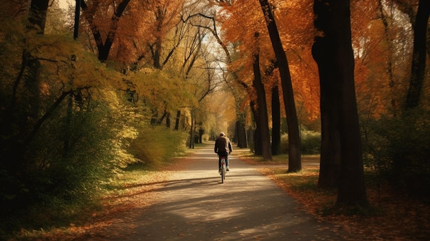 A man rides a bike down a path with autumn leaves on the ground.