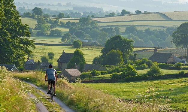 Photo a man rides a bike through a field with a house in the background