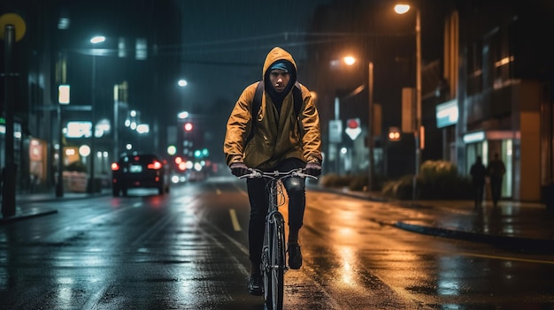 A man rides a bike on a wet road at night.