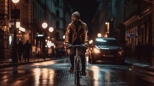 A man rides a bike on a wet street at night.