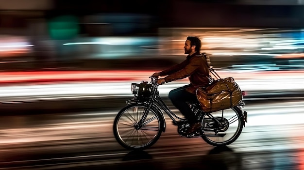 a man rides a bike with a bag on the back of his bike