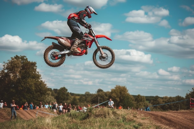 A man rides a dirt bike jumping in the air on a track in front of an audience