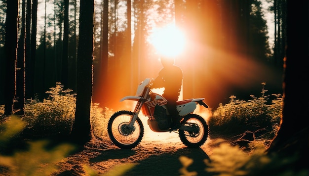 A man rides a dirt bike in the woods at sunset.