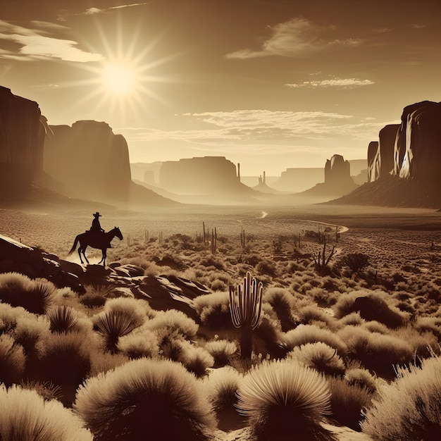 Photo a man rides a horse through a desert landscape