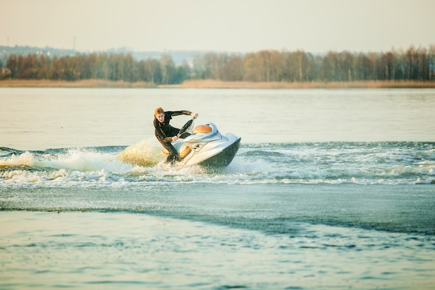 A man rides a hydrocycle