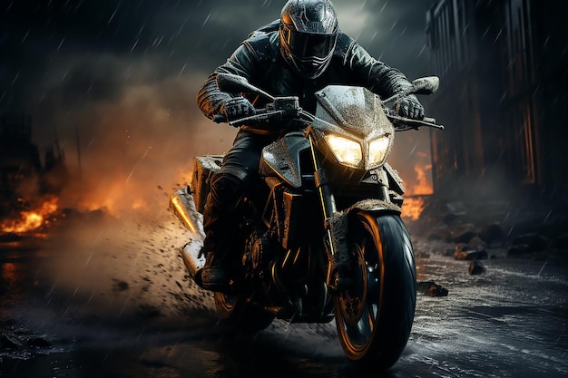 A man rides a motorcycle in the rain.