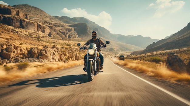 A man rides a motorcycle on a road with mountains in the background.