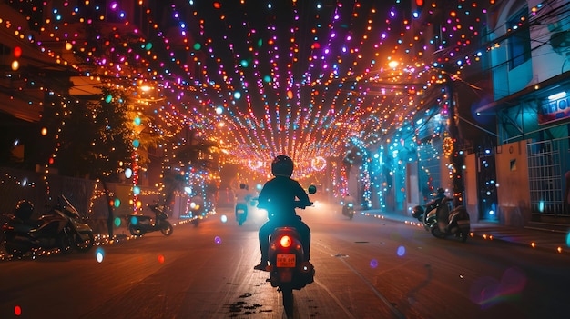 Photo a man rides a motorcycle through a night street with lights