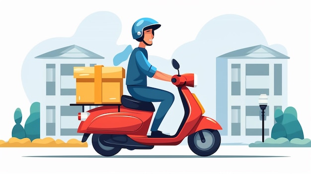 a man rides a scooter with a box of gifts.