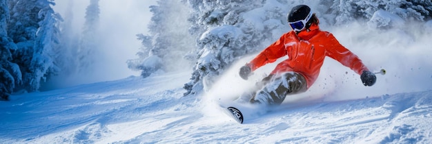 Man Rides Snowboard Down Snow Covered Slope