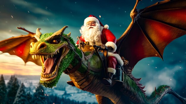 Man riding on the back of dragon next to christmas tree Generative AI