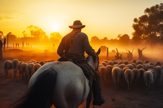 Man riding on the back of white horse next to herd of sheep Generative AI