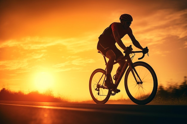 a man riding a bicycle on a road at sunset on the blur background