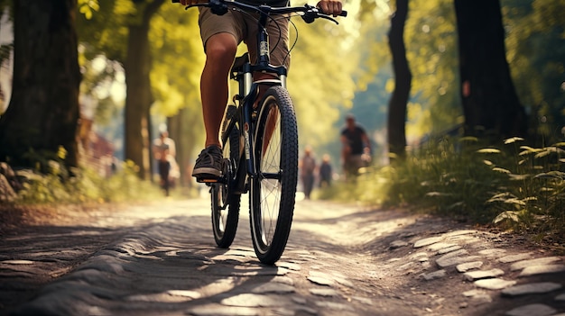 A man riding bicycle through the summer park Ground level view