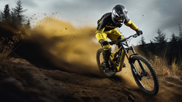 A man riding a bike on a dirt hill with a yellow and black outfit