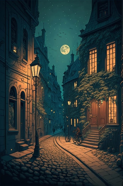 Man riding a bike down a cobblestone street at night generative ai