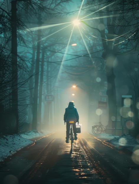 a man riding a bike down a dark street with a sign that says quot go ahead quot