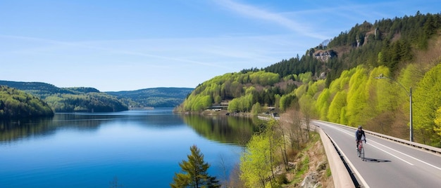 a man riding a bike down a road next to a lake