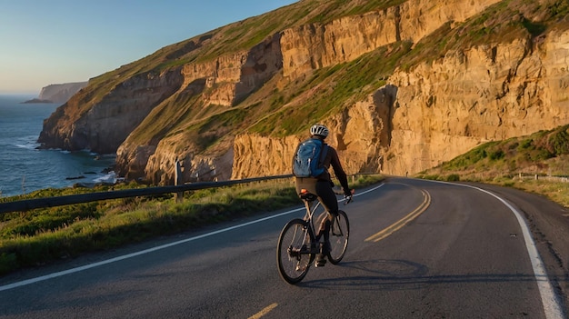 Photo a man riding a bike down a road with a backpack on his back