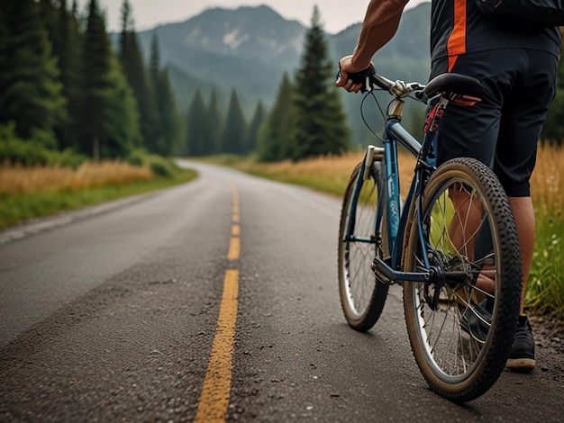 Photo a man riding a bike down a road with a backpack on his back