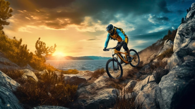 A man riding a bike on a mountain with the sun behind him